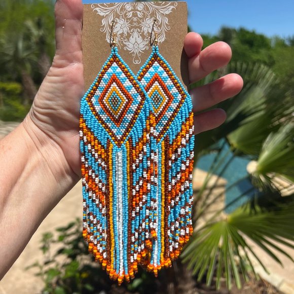 Native American Style Earrings Handmade Beaded Long Fringe Southwest Dangles - Picture 8 of 9